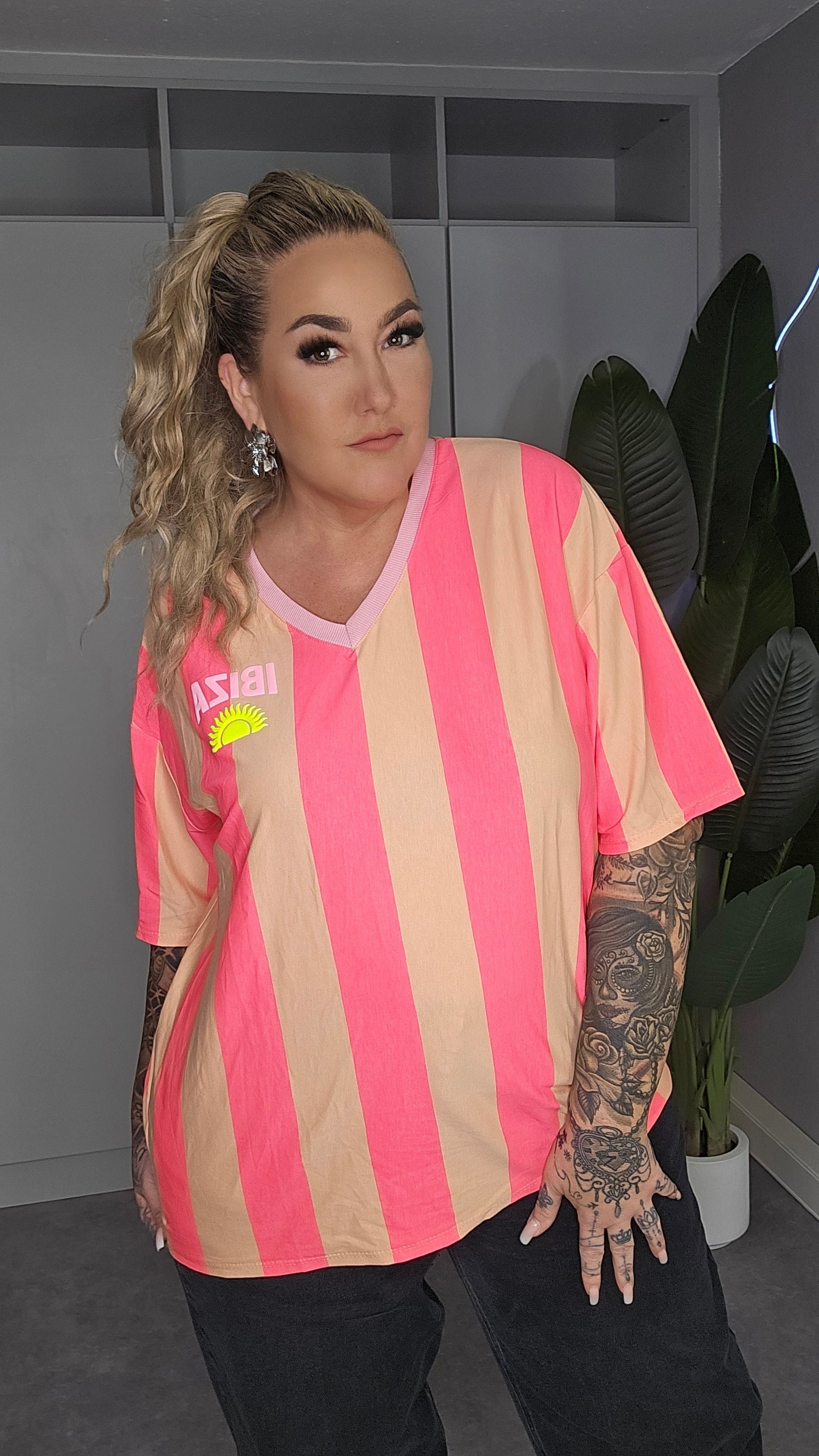 IBIZA Oversized Streifen-Shirt Neon-Pink