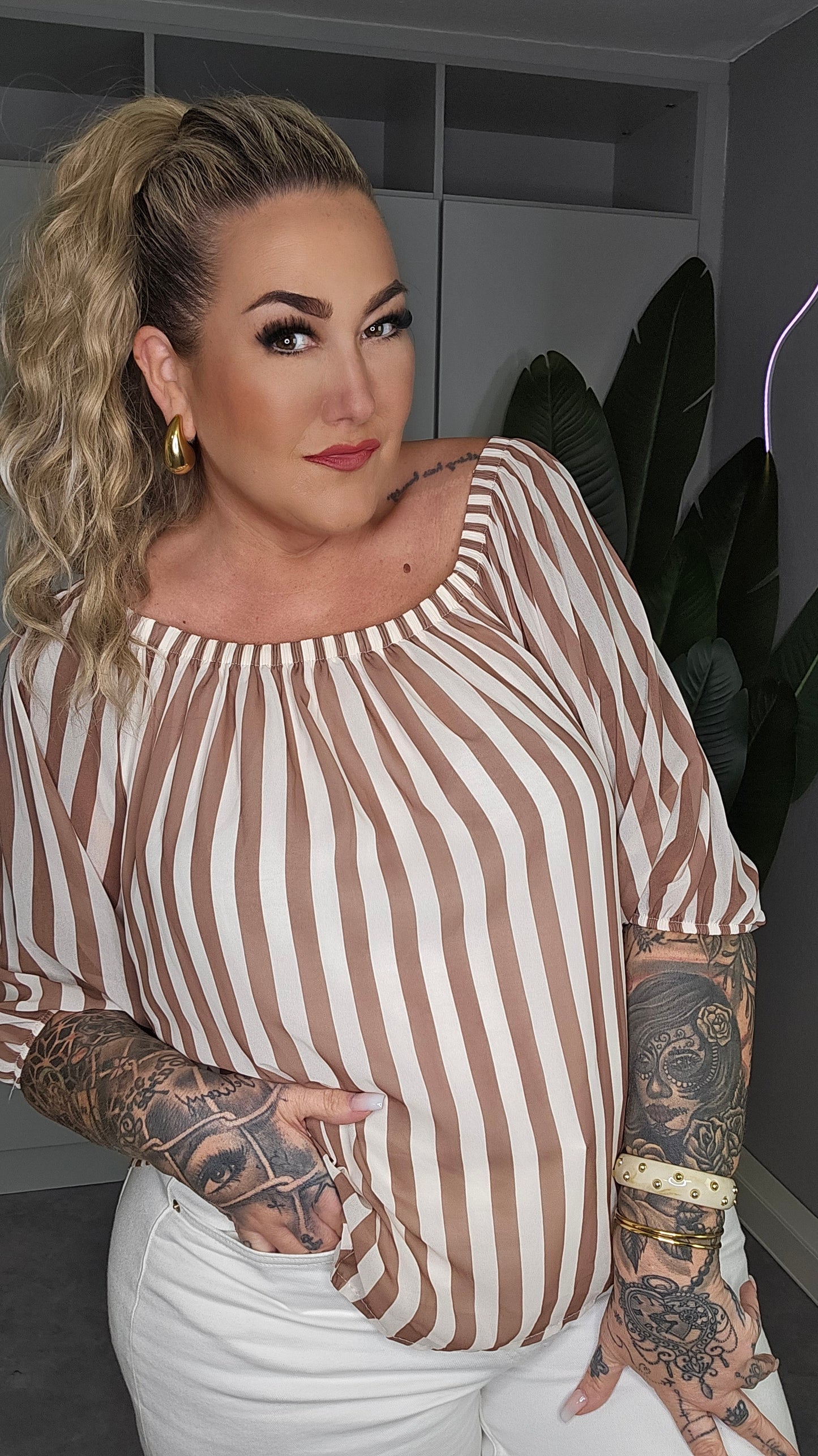 Carmen Bluse Beige-Creme Streifen