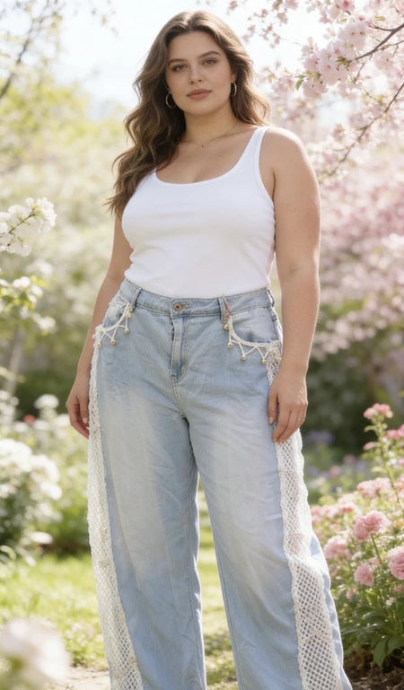 Jeans Wide Leg Häkel-Detail