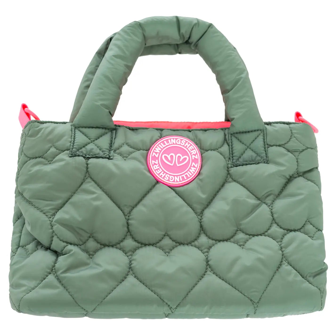 Gesteppte Handtasche Herzsteppung in Khaki mit pinken Henkeln und Zwillingsherz-Logo – Frontansicht