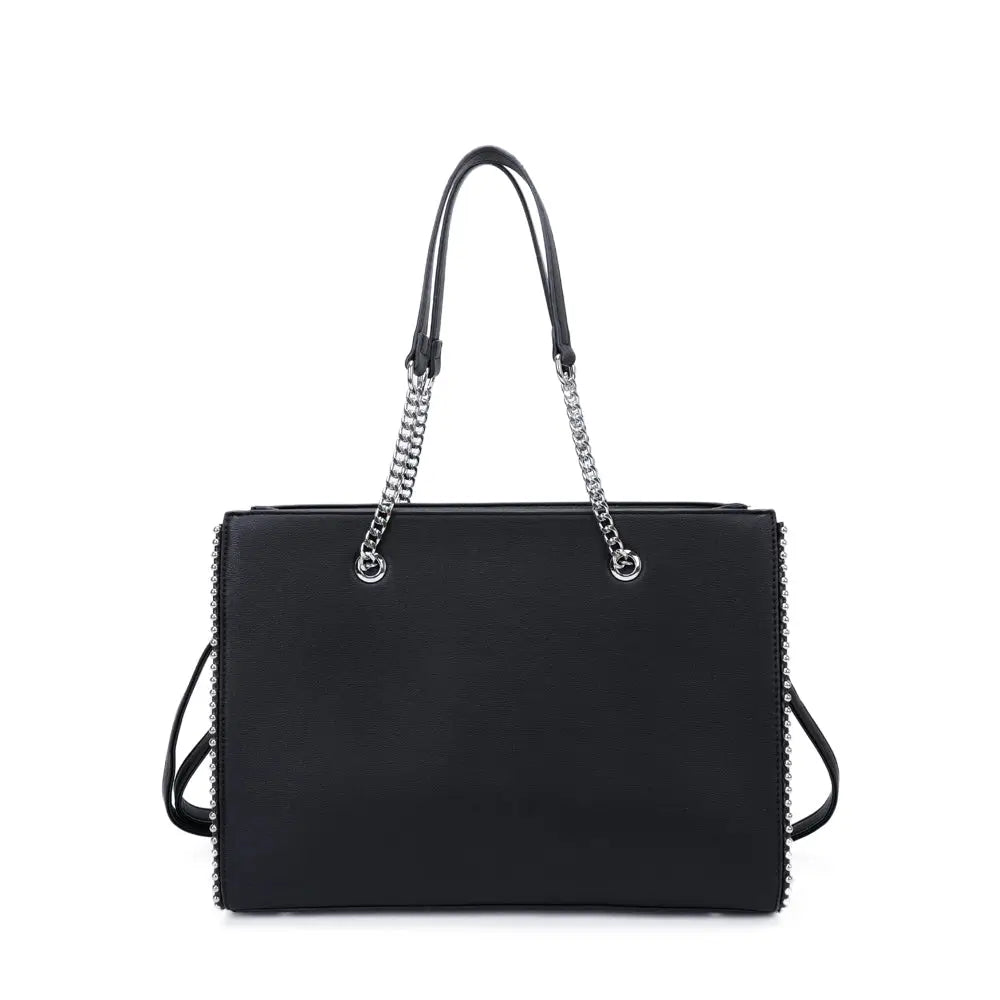 Handtasche Schwarz mit silberfarbenen Kettenhenkeln und seitlichen Zierdetails – Vorderansicht