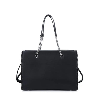 Handtasche Schwarz mit silberfarbenen Kettenhenkeln und seitlichen Zierdetails – Vorderansicht