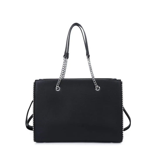 Handtasche Schwarz mit silberfarbenen Kettenhenkeln und seitlichen Zierdetails – Vorderansicht
