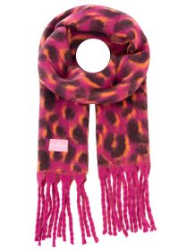 Schal Leo mit langen Fransen in Pink mit dunklem Leopardenmuster und orangefarbenen Akzenten, Gesamtansicht von vorne