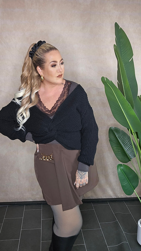 Elegante braune Hose mit Rock-Optik und Bindegürtel Mailand - Detailansicht