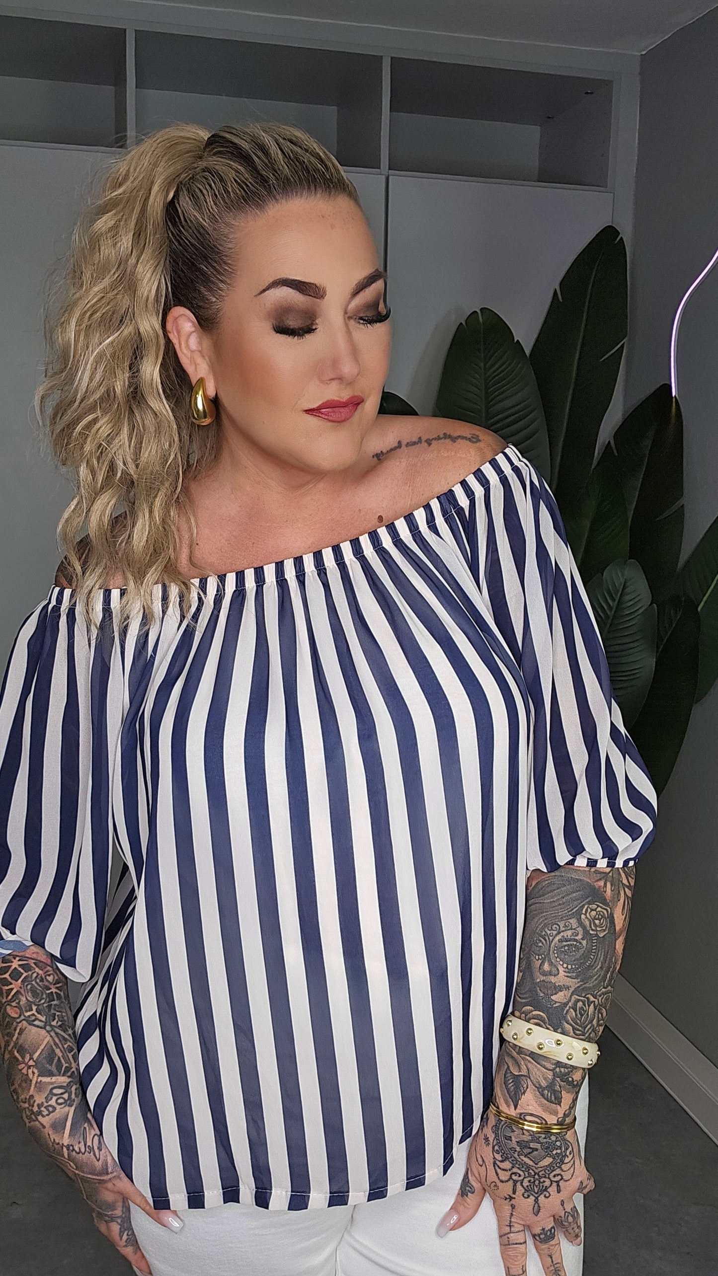Carmen Bluse Navy-Weiß Streifen