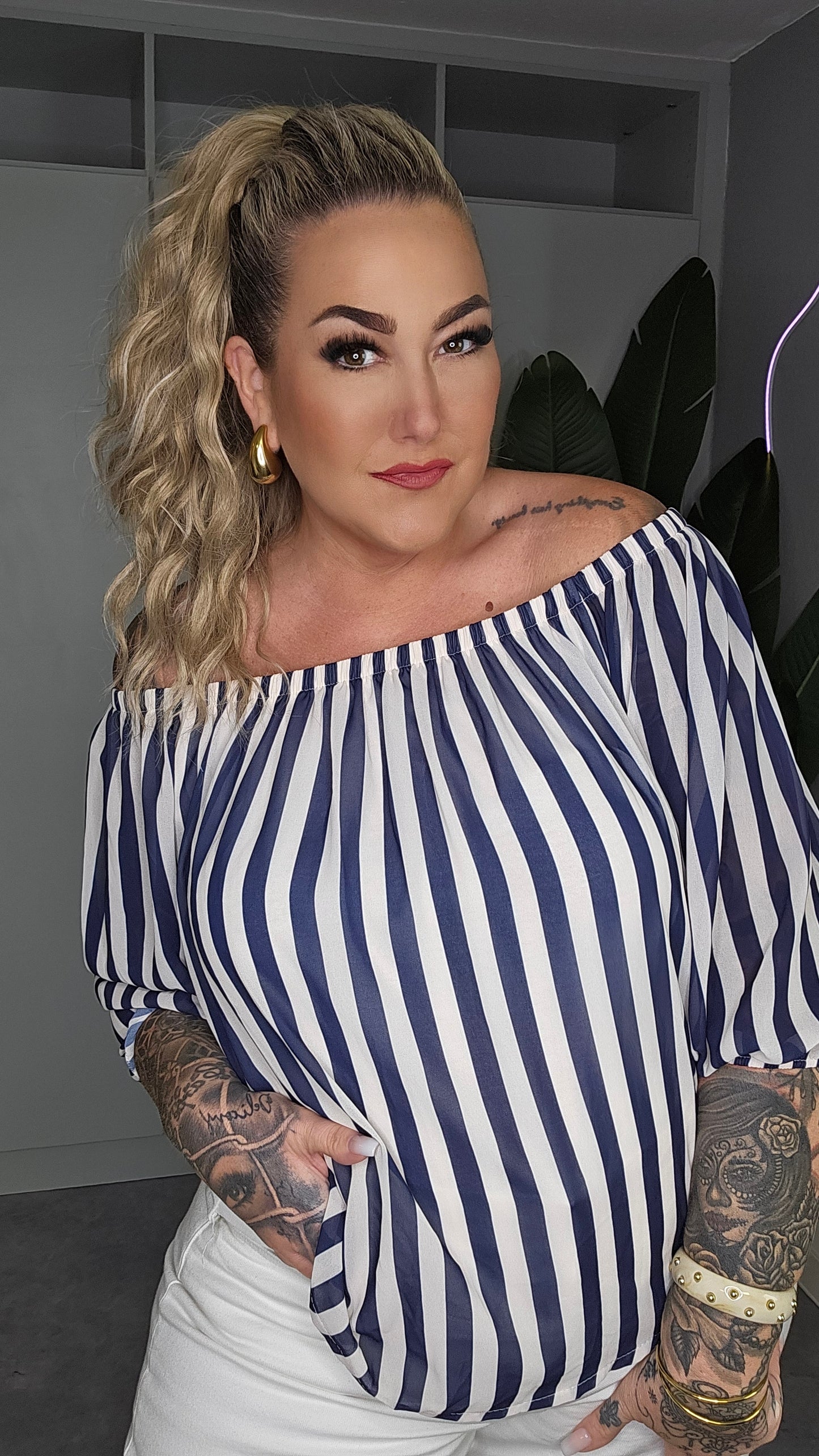Carmen Bluse Navy-Weiß Streifen