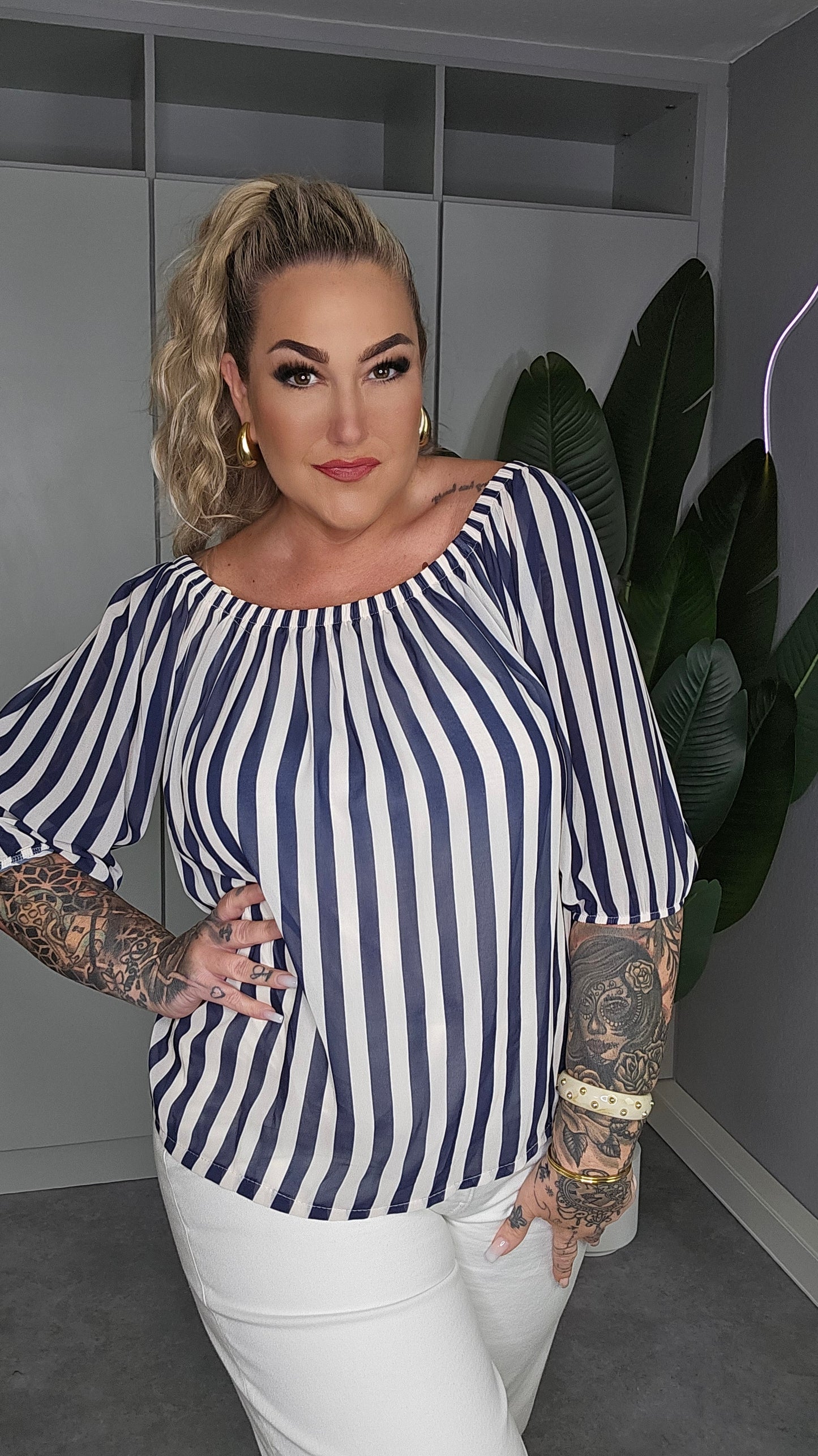 Carmen Bluse Navy-Weiß Streifen