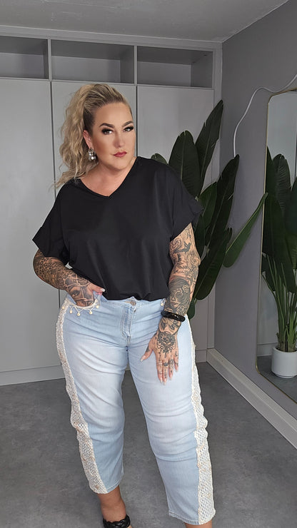 Jeans Wide Leg Häkel-Detail