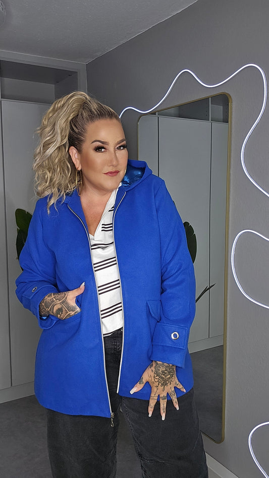 Blauer Parker Mantel Plus Size – Rückenansicht mit Kapuze