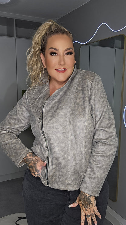 Bikerjacke grau meliert Plus Size – Detailansicht Reißverschluss