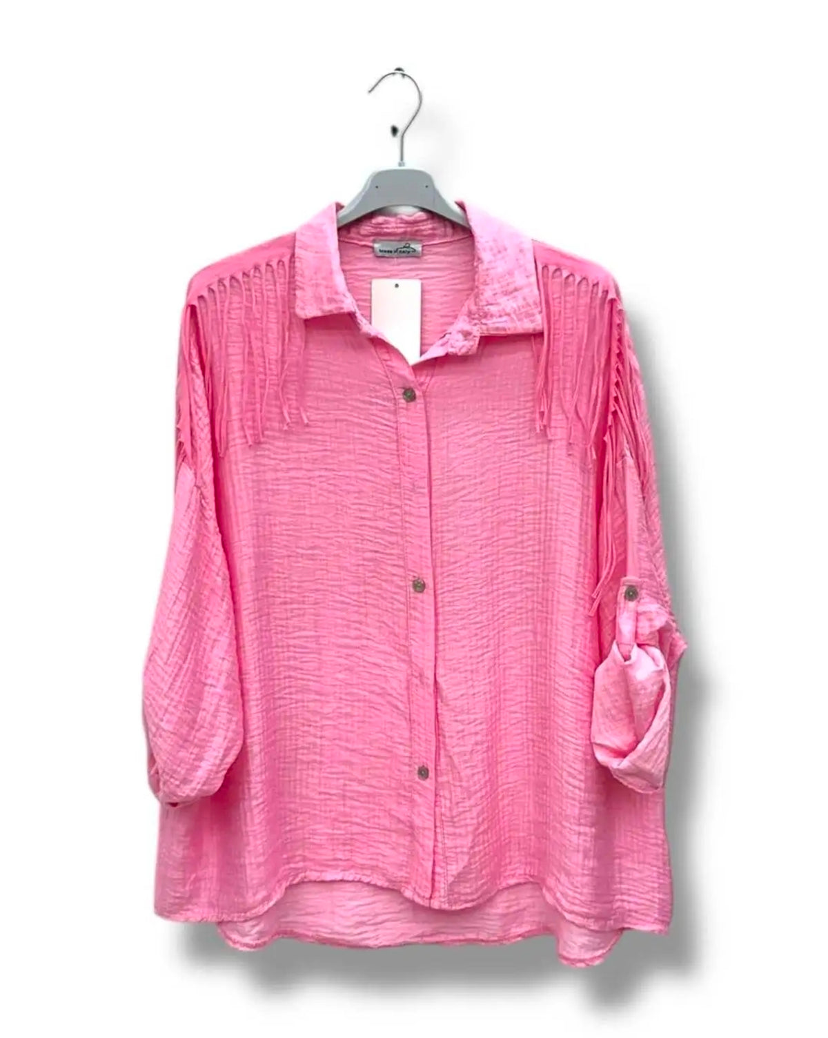 Rosa Bluse mit Fransen-Details Plus Size – Produktfoto auf Bügel, Gr. 46-50, d.elicous