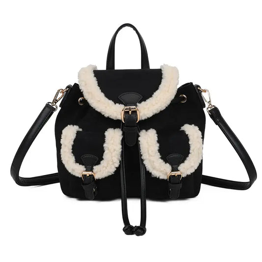 Teddy Rucksack Schwarz mit cremefarbenem Fell-Besatz und goldenen Schnallen – Frontansicht