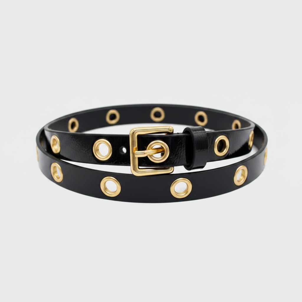 Gürtel StyleX Metallic – schwarzes Lackleder mit metallischem Glanz und goldenen Ösen